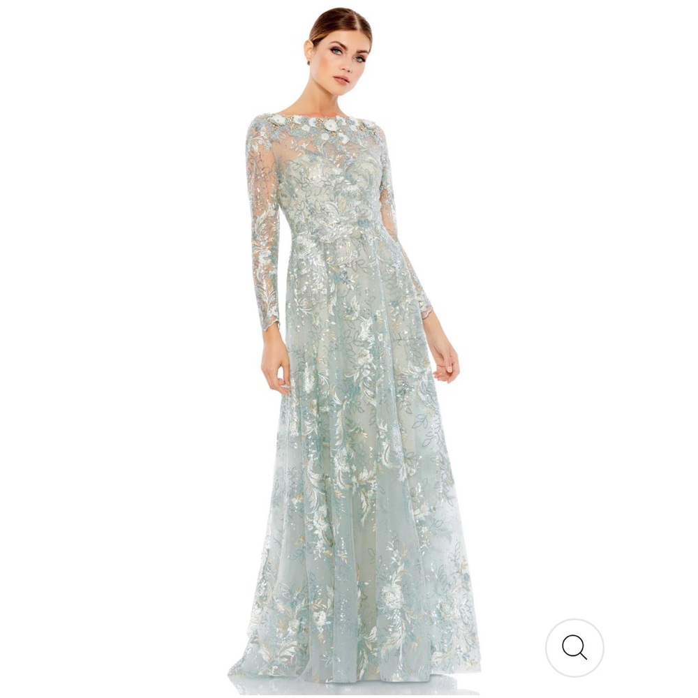 NWT Mac Duggal FLORAL EMBROIDERED ILLUSION LONG SLEEVE GOWN in Mist